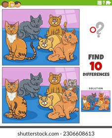 Cartoon illustration of finding the differences between pictures educational activity with cats animal characters group