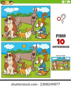 Cartoon illustration of finding the differences between pictures educational game with dogs comic animal characters group