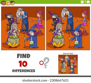 Cartoon illustration of finding the differences between pictures educational game with witches fantasy characters