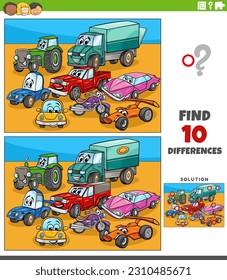 Ilustración de dibujos animados encontrando diferencias entre imágenes juego educativo con coches y vehículos grupo de personajes