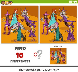 Cartoon illustration of finding the differences between pictures educational activity with witches fantasy characters