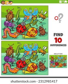 Cartoon-Illustration der Suche nach den Unterschieden zwischen Bildern pädagogisches Spiel mit Insekten Comic-Charaktere Gruppe