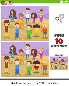 Cartoon illustration of finding the differences between pictures educational game with children or teenagers characters group