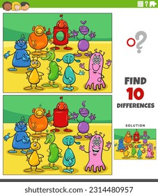 Cartoon illustration of finding the differences between pictures educational game with aliens or monsters characters group