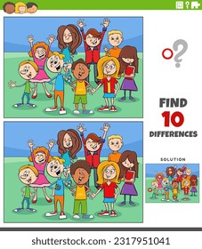 Ilustración de caricatura de encontrar diferencias entre imágenes de juego educativo con niños o adolescentes grupo de personajes