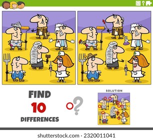 Cartoon illustration of finding the differences between pictures educational game with people of different professions characters group