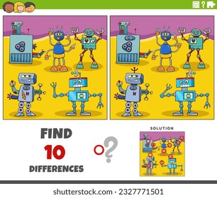 Cartoon illustration of finding the differences between pictures educational activity with robots characters group