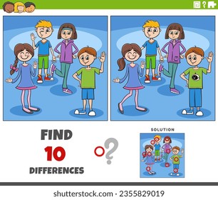 Cartoon illustration of finding the differences between pictures educational activity with school children characters group