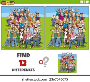 Cartoon illustration of finding the differences between pictures educational game with funny people characters crowd