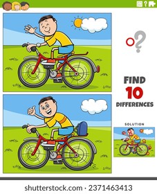 Ilustración de caricatura de encontrar las diferencias entre imágenes de juego educativo con un niño montando una bicicleta