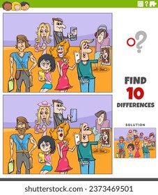 Cartoon illustration of finding the differences between pictures educational game with people characters with phones and electronic devices