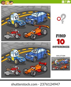 Cartoon illustration of finding the differences between pictures educational activity with vehicle characters