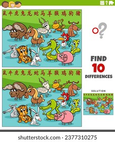 Cartoon illustration of finding the differences between pictures educational activity with Chinese zodiac animal characters