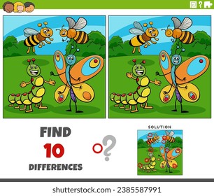 Ilustración de caricatura de encontrar las diferencias entre imágenes actividad educativa con insectos divertidos grupo de personajes animales