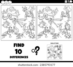cartoon illustration of finding the differences between pictures educational activity with insects animal characters group coloring page