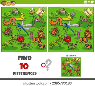 Cartoon illustration of finding the differences between pictures educational activity with insects animal characters group