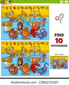 Cartoon illustration of finding the differences between pictures educational activity with zodiac signs characters