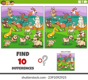 Cartoon illustration of finding the differences between pictures educational game with dogs animal characters group