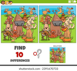 Cartoon illustration of finding the differences between pictures educational activity with playful dogs animal characters group