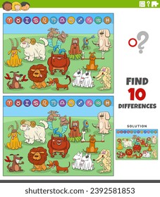 Cartoon illustration of finding the differences between pictures educational activity with zodiac signs with dogs