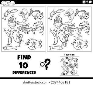 cartoon illustration of finding the differences between pictures educational activity with fish animal characters group coloring page