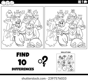 cartoon illustration of finding the differences between pictures educational activity with bears animal characters group coloring page