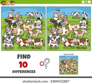 Cartoon illustration of finding the differences between pictures educational activity with cows farm animal characters group