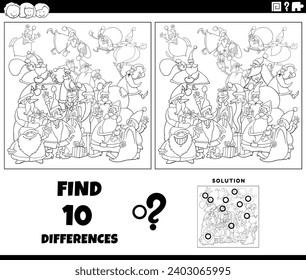 Cartoon illustration of finding the differences between pictures educational activity with Santa Clauses characters group on Christmas time coloring page