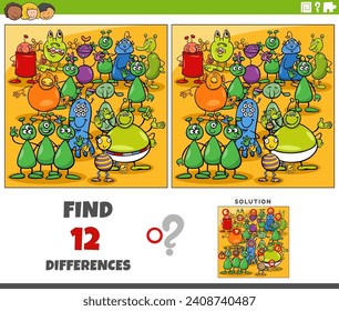 Cartoon illustration of finding the differences between pictures educational game with funny aliens or creatures characters group