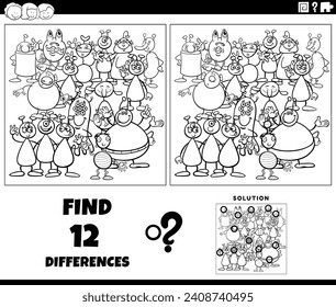 Cartoon illustration of finding the differences between pictures educational game with funny aliens or creatures characters group coloring page