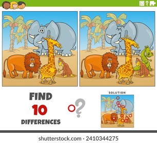 Cartoon illustration of finding the differences between pictures educational game with funny Safari animal characters group