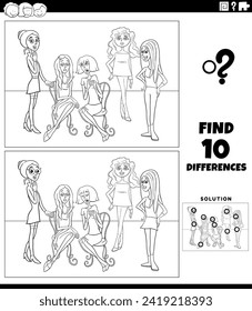 Cartoon illustration of finding the differences between pictures educational activity with young women characters group coloring page