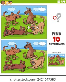 Cartoon illustration of finding the differences between pictures educational activity with dogs and puppies animal characters group