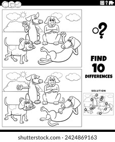 Cartoon illustration of finding the differences between pictures educational game with dogs and puppies animal characters group coloring page