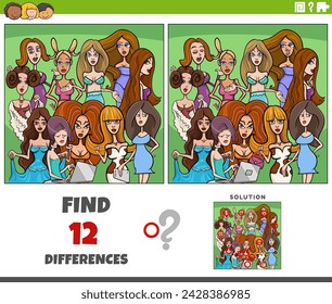 Cartoon illustration of finding the differences between pictures educational game with funny women characters group