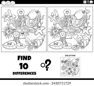 Cartoon illustration of finding the differences between pictures educational activity with marine animal characters group coloring page