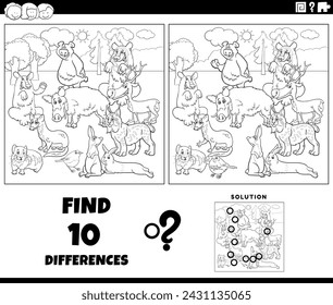 Cartoon illustration of finding the differences between pictures educational activity with wild animal characters group coloring page