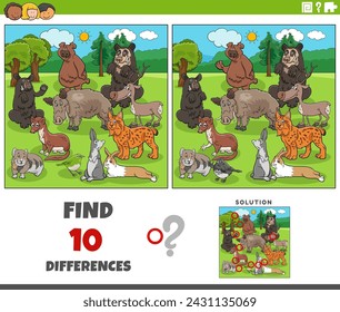Cartoon illustration of finding the differences between pictures educational activity with wild animal characters group
