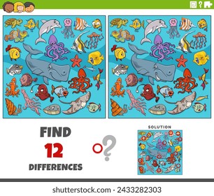 Cartoon illustration of finding the differences between pictures educational game with marine animal characters group