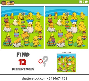 Cartoon illustration of finding the differences between pictures educational game with little chicks hatching from eggs on Easter time