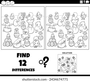 Cartoon illustration of finding the differences between pictures educational game with little chicks hatching from eggs on Easter time coloring page