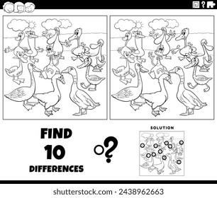 Cartoon illustration of finding the differences between pictures educational game with geese birds farm animal characters group coloring page