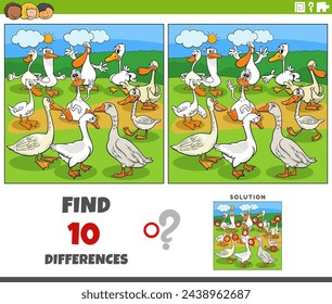 Cartoon illustration of finding the differences between pictures educational game with geese birds farm animal characters group