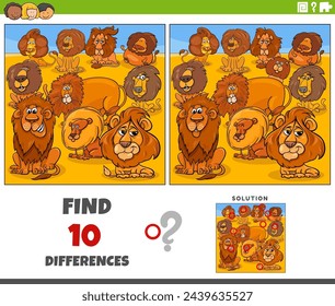 Cartoon illustration of finding the differences between pictures educational game with lions wild animal characters group