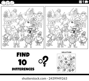 Cartoon illustration of finding the differences between pictures educational game with pirates characters group coloring page