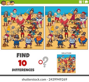 Cartoon illustration of finding the differences between pictures educational game with pirates characters group