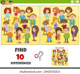 Cartoon illustration of finding the differences between pictures educational activity with children group