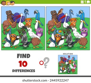 Cartoon illustration of finding the differences between pictures educational activity with birds animal characters