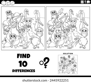 Cartoon illustration of finding the differences between pictures educational activity with birds animal characters coloring page