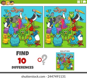 Cartoon illustration of finding the differences between pictures educational activity with birds animal characters